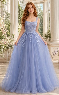 Vestido de gala de tul y encaje sin mangas con escote cuadrado azul pizarra para damas de honor