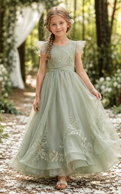 Blumenmädchenkleid aus salbeifarbener Spitze und Tüll, A-Linie, Rundhalsausschnitt, Teelänge
