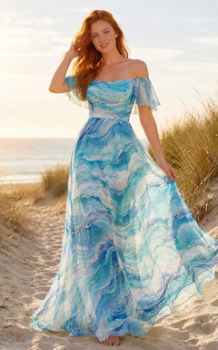 Vestido largo de playa con estampado de olas marinas y hombros descubiertos