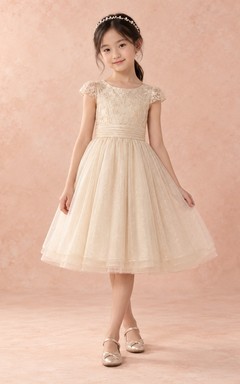 Knee-length Champagne Floral A-line Tulle Lace-bodice Cap-sleeve Pleated-waist Flower Girl Dress