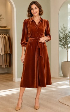 Orange Notched Neck Long Puff Sleeve Sash Velvet A-Line Tea-Length Vintage Dress