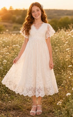 Lace V-Neck Tulle Knee-Length A-Line Bohemian Garden Romantic Formal Flower Girl Dress