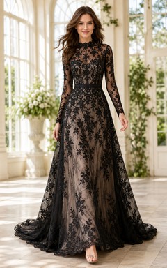Vintage Black High Neck Long Sleeve Lace A-Line Illusion Back Wedding Dress