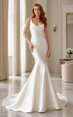 Simple Cowl Neck Spaghetti Strap Satin Mermaid Court Train Wedding Dress