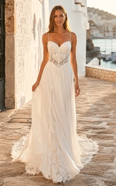 Ibicenco Spaghetti Sweetheart Lace Chiffon A Line Sweep Beach Wedding Dress
