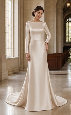 Modest Bateau Satin Sheath Long Sleeve Wedding Dress