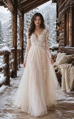 Vestido de novia de invierno color champán con apliques de tul y mangas de encaje.