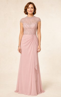 Blush Lace Bodice Sheath Mother Dress with Draped Skirt