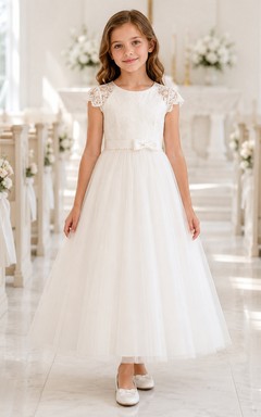 Vestido de niña de las flores, corte A, blanco, para Primera Comunión, encaje, tul, lazo, formal.