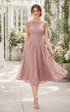 Dusty Rose Bateau Lace Tea Length Cocktail Dress