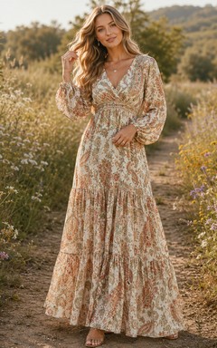 Beige Paisley Print V-Neck Long Sleeve Boho Maxi Dress