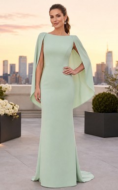 Celadon Modern Bateau Long-Sleeve Jersey Sheath Floor-Length Evening Dress