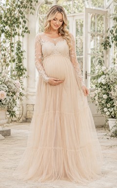 Maternity Champagne Long Sleeve V-Neck Lace Tulle Empire Formal Gown