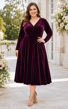 Plum V Neck Long Sleeve Velvet A Line Plus Size Guest Dress