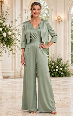 Sage Mother Pantsuit with Satin Wrap Top, Cropped Jacket and Wide Leg Pants
