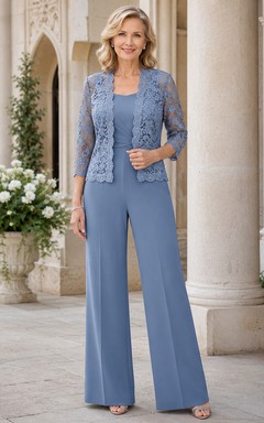 Steel Blue Mother Pantsuit with Lace Bolero Jacket, Scoop Top and Wide Leg Pants