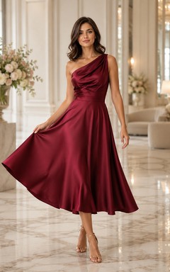 Vestido de fiesta rojo de satén drapeado de un solo hombro, corte A, para invitada a tomar el té.