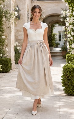 Simple Linen Bridal Dirndl Square Neck Cap Sleeve Ankle Civil Wedding Dress