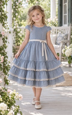 Vestido de niña de flores azul vintage de corte A, largo hasta la rodilla, con mangas cortas, pliegues y volantes con borde de encaje.
