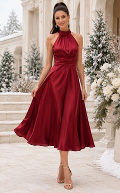Burgundy Gathered Halter Satin A Line Tea Length Guest Dress
