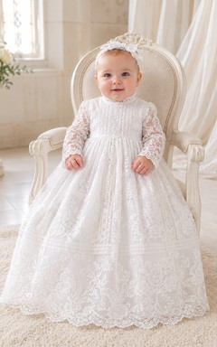 High Neck Christening Gown A-Line Lace Tulle Long Sleeve Embroidered Hem