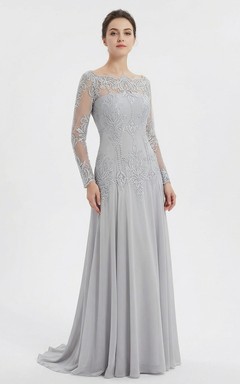 Silbernes, langärmeliges Abendkleid aus Illusionsspitze - Festliches Kleid für die Mutter der Braut