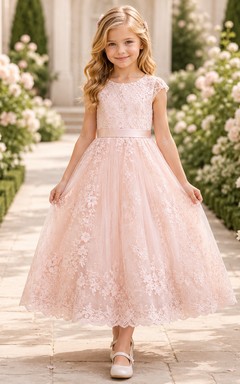 Flower Girl Dress Blush Lace Tulle A-Line Short Sleeve Scoop Neck Tea Length Bow Back