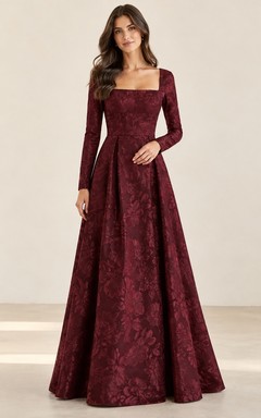 Vestido de dama de honor de jacquard floral burdeos con cuello cuadrado y manga larga
