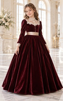 Victorian Long Sleeve Burgundy Velvet Lace Collar Flower Girl Dress