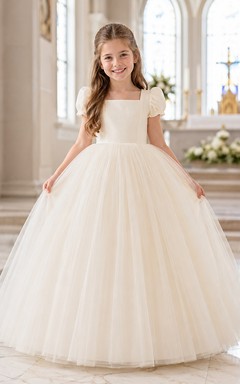 Classic Tulle with Bow A-Line Flower Girl Dress with Short Sleeves, Jewel Neck, Tea-Length Skirt and Bow Detail