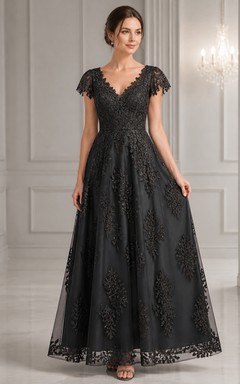 Black Vintage Luxury Lace Cap Sleeve Ball Gown Mother Dress
