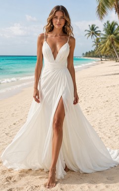 Boho Spaghetti Deep V Split Chiffon A Line Sweep Beach Wedding Dress