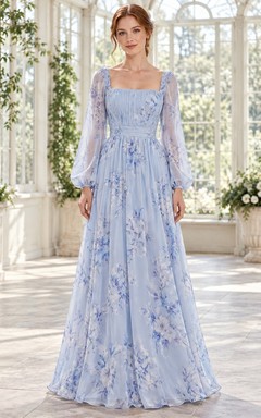 Himmelblaues Brautjungfernkleid aus Chiffon mit Blumenmuster, plissiertem Oberteil, eckigem Ausschnitt, langen Ärmeln und bodenlanger Länge