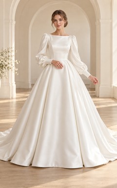 Modest Simple Bateau Balloon Sleeve Satin Pleated Ball Gown Wedding Dress