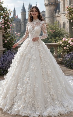 Long Sleeve 3D Floral Castle Garden Ball Gown