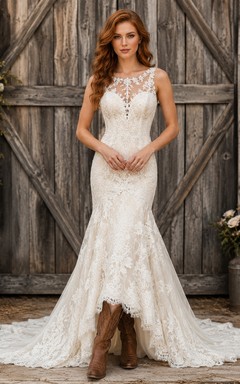 Robe de mariée de maternité en dentelle florale à col carré et manches courtes, avec traîne élégante.