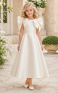 Vestido de niña de flores de satén color marfil con lazo escultural, corte en A, sin mangas, cuello joya, largo hasta la rodilla, para bodas y fiestas.