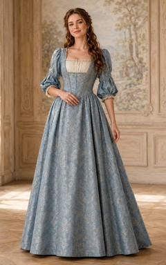 Vestido de gala largo hasta el suelo de tafetán de terciopelo azul acero con escote cuadrado y mangas acampanadas