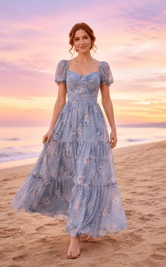 Dusty Rose Sunset Beach Wedding Guest Dress A-Line Chiffon Tulle Square Neck Short Sleeve Tea-Length Tiered Floral