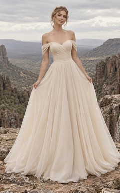 Off Shoulder Champagne Chiffon Wedding Dress with Pleated Sweetheart Bodice and A-Line Train