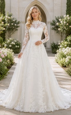 High Neck Long Sleeve Lace Chapel Garden Wedding Dress