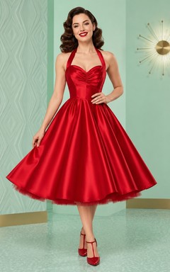 Rotes Vintage-Cocktailkleid aus Satin mit Spaghettiträgern, A-Linien-Ausschnitt und herzförmigem Herzausschnitt, knielang
