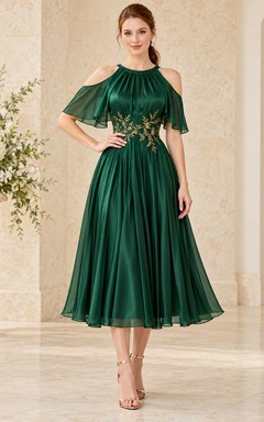 Tea-length Dark Green Cutaway Shoulder Gold Embroidered Pleated Formal Dress
