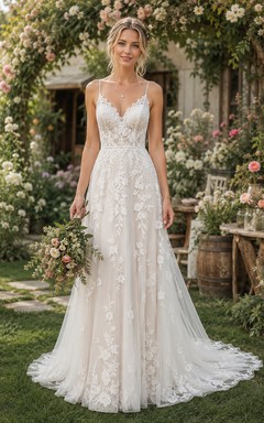 Spaghetti Strap A-Line Lace Country Wedding Dress with Low Back and Chapel Train