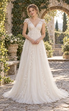 Empire V-neck Cap Sleeve Floral Tulle Train Wedding Dress