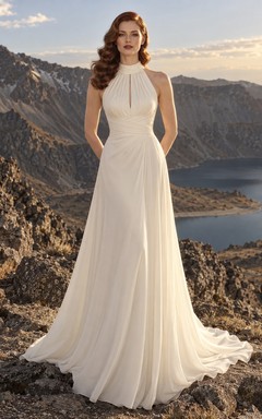 Brautkleid aus Georgette mit hohem Kragen und Neckholder, plissiertem Oberteil und fließender A-Linien-Schleppe