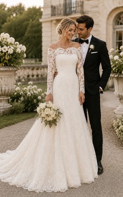 Vestido de corte A con escote Bardot, completamente de encaje y mangas largas.
