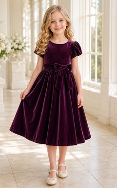 Robe de demoiselle d'honneur en velours prune, coupe trapèze, manches bouffantes, nœud et jupe plissée