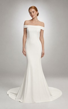 Simple off shoulder bridal sheath gown with sweep train
