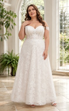 Plus-Size Spitzen-Brautkleid in A-Linie mit schulterfreiem Herzausschnitt und romantischem Vintage-Schnitt, knöchellang